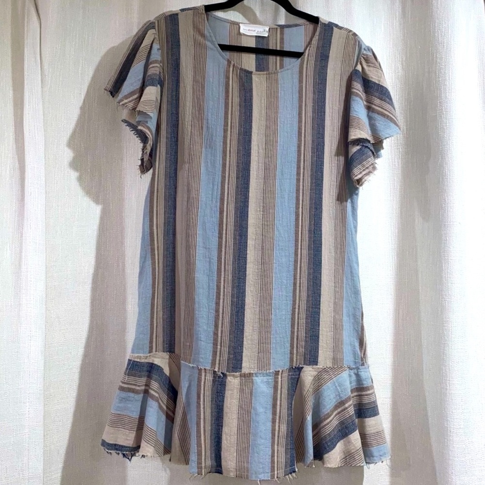 Blue Brown Tan Boho Striped Linen Dress